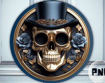 3D Skull PNG, 3D Skeleton, Halloween Round Door Sign Sublimation PNG, Blue Roses Wreath Sign, Halloween Wreath For Front Door, 3D Sublimate