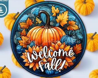 Pumpkin Stained Glass PNG, Fall Wreath Sign Sublimation PNG, Door Hanger Round, Welcome Sign Autumn, Front Door Decor Digital Print Clipart