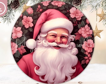 Pink Santa Claus Round Door Hanger PNG, Christmas Wreath Sublimation, Winter Front Door Sign Santa Pastel Christmas Decor Digital Download