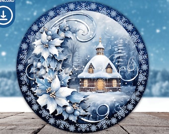 May include: A blue and white winter scene with a snow-covered house, poinsettias, and snowflakes. The scene is framed in a circle with a dark blue background and a glittery border.