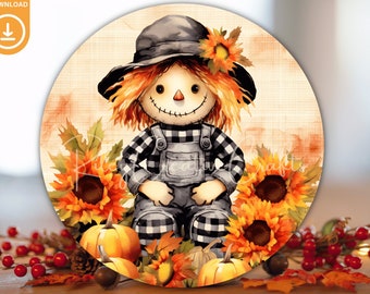 Scarecrow Door Hanger PNG, Scarecrow Wreath Sign for Front Door Decor, Thanksgiving Wreath Sublimation Design, Sunflower Wreath PNG Digital