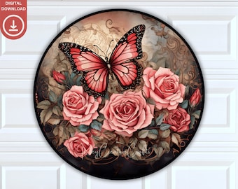 Rose Round Door Hanger, Garden Door Sign PNG, Welcome Wreath Sublimation Butterflies Front Door Decor Round Mothers Day Wreath Rose Digital