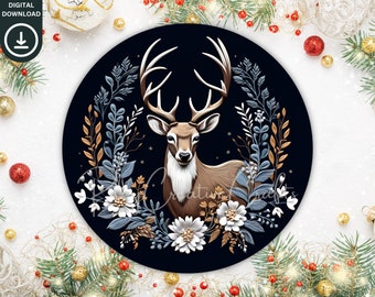 Conception de sublimation de renne d’hiver, signes de couronne de Noël de renne PNG, cintre de porte rond d’animal d’hiver téléchargement numérique, décor mural rustique