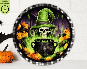 Witch Door Sign Round PNG, Skull Sublimation Wreath Sign Digital, Round Door Hanger Halloween Sign PNG Round Horror Door Sign Jack O Lantern