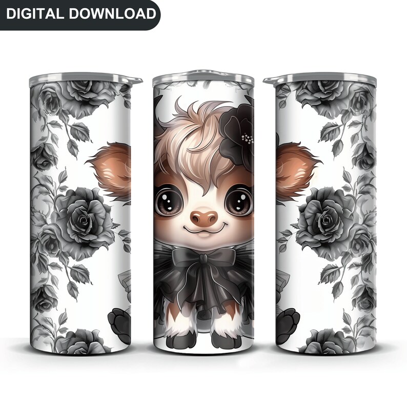 Cute Highland Cow Tumbler Wrap PNG, Baby Cow Tumbler Sublimation Black ...