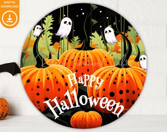 Halloween Wreath Sign Sublimation Design, Pumpkins Round Door Hanger Halloween Room Sign PNG Halloween Car Coaster PNG Digital Download