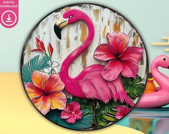 Signo de puerta de flamenco redondo PNG corona de verano signo de sublimación vibraciones tropicales bienvenida puerta percha flor de verano signo redondo decoración de pared digital