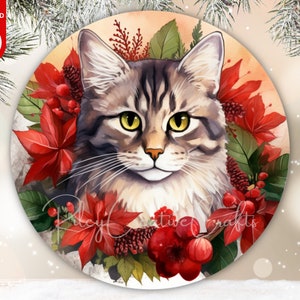 Christmas Cat Wreath Sign PNG, Sublimation Xmas Round Door Sign, Winter Floral Poinsettias Wreath Center, Gift Cat Lover Ornament Digital