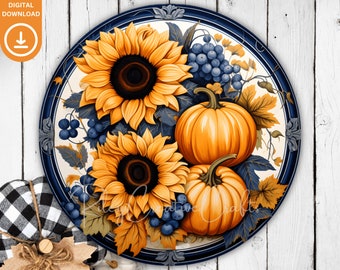 Sublimation PNG Fall Wreath Sign Design Pumpkins, Sunflowers, Door Sign Round Sublimate, Ready to Press Autumn Door Hanger, Clip Art Digital