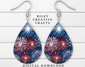 4th of July Earring Sublimation Design, Fireworks Teardrop Earring Template, Patriotic Earring Blank Design PNG USA Flag Digital Download