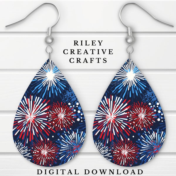 4th of July Earring Sublimation Design, Fireworks Teardrop Earring Template, Patriotic Earring Blank Design PNG USA Flag Digital Download