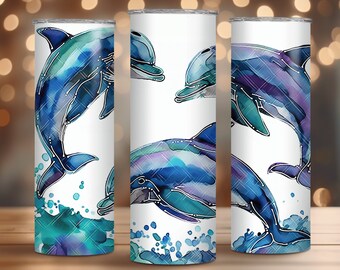 Envoltura digital de vaso de delfines, Diseño de sublimación de vaso bajo el mar de 20 oz, Plantilla PNG de vaso de afirmación de vida oceánica de buen rollo