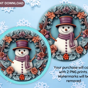 3D Snowman Wreath Sign Sublimation PNG, Round Christmas Wreath PNG Design, Door Hanger, Ornament, Digital Prints Download image 4