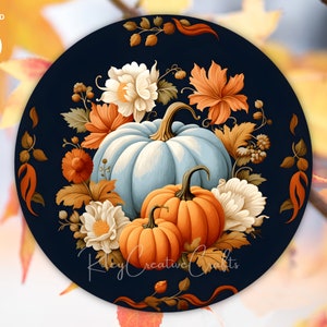 Round Fall Door Sign PNG, Thanksgiving Sublimation Wreath Sign for Front Door, Decoration Blue Autumn, Blue Pumpkin Floral Design Digital
