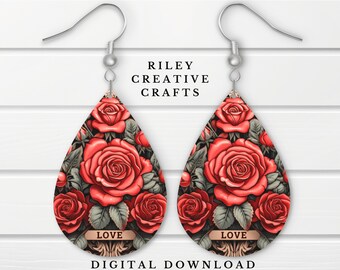 Diseño de sublimación de pendientes del día de San Valentín PNG, Plantilla de pendiente de sublimación de lágrima de rosa de San Valentín, Diseño en blanco de pendiente de amor PNG digital