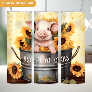 May include: A pink piglet sits in a metal bucket filled with yellow sunflowers. The bucket has the text "Bucket of Oinks" on the side. The background is a yellow and white pattern.