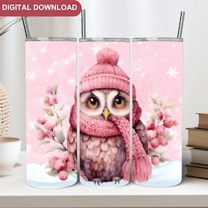 Winter Owl Tumbler Design Wrap, Christmas Owl Tumbler Wrap PNG Sublimation Pink Christmas Sublimation Wrap Pink Winter PNG Tumbler Digital