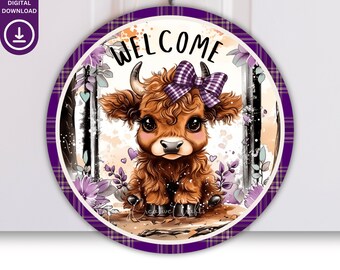 Highland Cow Door Hanger Round PNG, Bienvenido puerta signo vaca sublimación corona metal signo diseño lindo bebé becerro coche posavasos PNG impresión digital