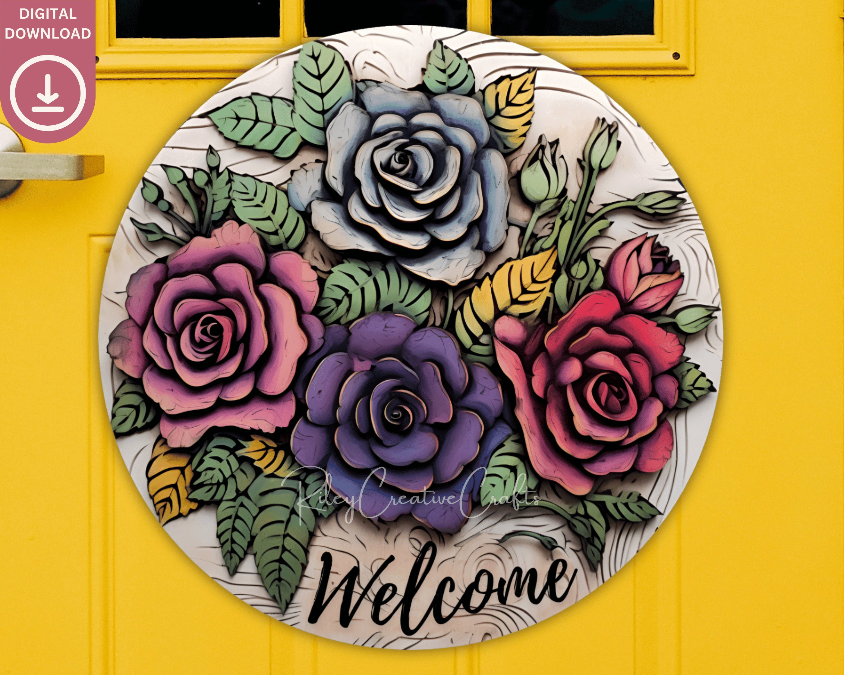 Spring Door Sign PNG, Roses 3D Wreath Sublimation Design, Floral Round ...