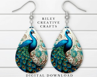 Diseño de sublimación de pendientes de pavo real PNG, Plantilla de pendiente de sublimación de lágrima con patrón de plumas, Diseño en blanco de pendiente elegante PNG digital