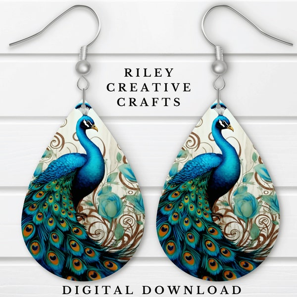 Peacock Earring Sublimation Design PNG, Feather Pattern Teardrop Sublimation Earring Template, Elegant Earring Blank Design Digital PNG