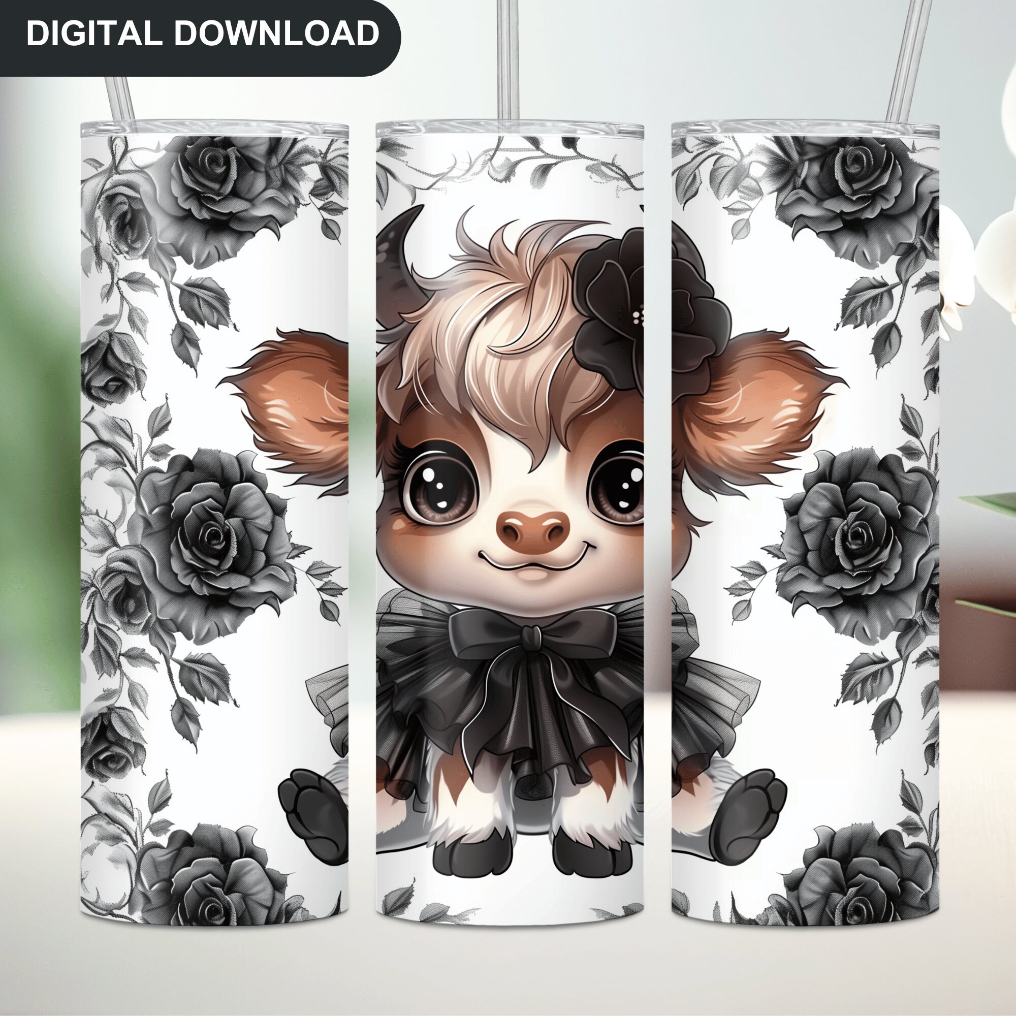 Cute Highland Cow Tumbler Wrap PNG, Baby Cow Tumbler Sublimation Black ...