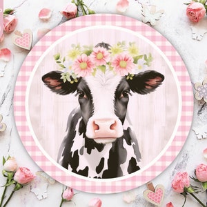 Dairy Cow Wreath Sign Sublimation Design, Spring Round Door Sign PNG, Black and White Cow Door Hanger, Floral Front Door Decor Digital Print