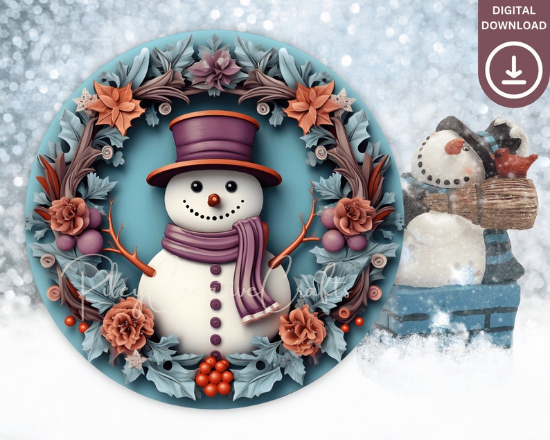 3D Snowman Wreath Sign Sublimation PNG, Round Christmas Wreath PNG Design, Door Hanger, Ornament, Digital Prints Download image 3