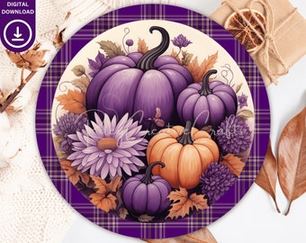 Signo de otoño redondo PNG, Calabazas moradas Corona Signo Sublimación Descarga instantánea, Colgador de puerta redonda PNG, Vibraciones de otoño, Acción de Gracias, Digital