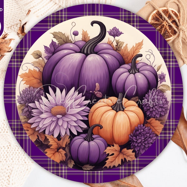 Round Fall Sign PNG, Purple Pumpkins Wreath Sign Sublimation Instant Download, Round Door Hanger PNG, Autumn Vibes, Thanksgiving, Digital