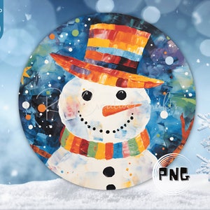 Snowman Sign Round Sublimation PNG, Winter Door Hanger, Christmas Wreath Sign, Front Door Decor, Frosty Snowman, Colorful Digital Download