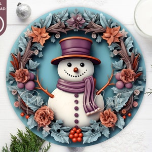 3D Snowman Wreath Sign Sublimation PNG, Round Christmas Wreath PNG Design, Door Hanger, Ornament, Digital Prints Download image 1