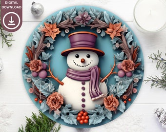 3D Snowman Wreath Sign Sublimation PNG, Round Christmas Wreath PNG Design, Door Hanger, Ornament, Digital Prints Download