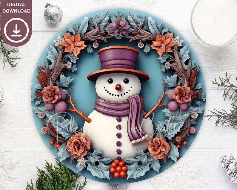 3D Snowman Wreath Sign Sublimation PNG, Round Christmas Wreath PNG Design, Door Hanger, Ornament, Digital Prints Download image 1