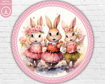 Round Easter Door Sign PNG, Easter Bunny Sublimation Wreath Design Spring Welcome Door Hanger Bunny in Dress Girls Room Wall Decor Digital