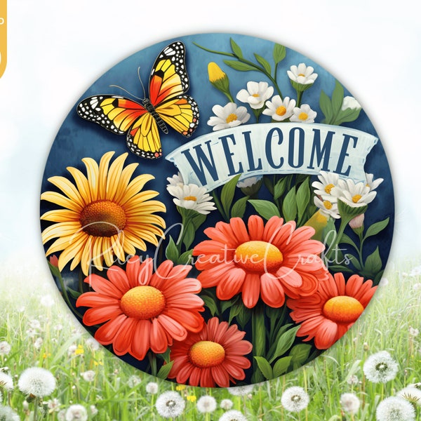 Round Door Hanger Spring, Flower Door Sign PNG,  Welcome Wreath Sublimation Spring Floral, Front Door Sign Butterfly Round Digital Image