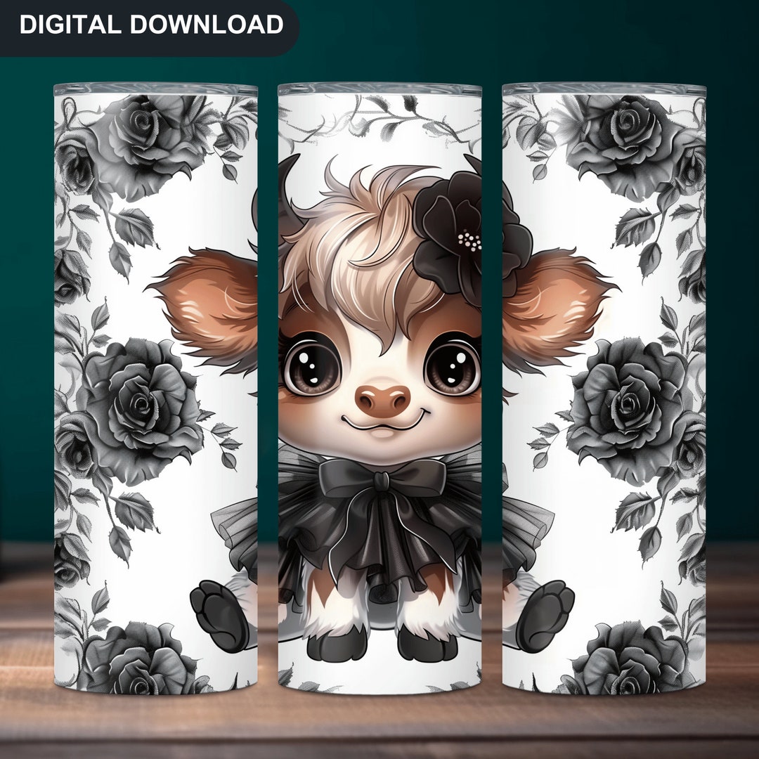 Cute Highland Cow Tumbler Wrap PNG, Baby Cow Tumbler Sublimation Black ...