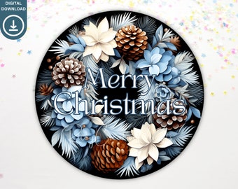 Ghirlanda di Natale Design sublimato, Ornamenti natalizi PNG, Appendiabiti per porta invernale blu, Insegna porta pigne stampabile Merry Xmas Digital