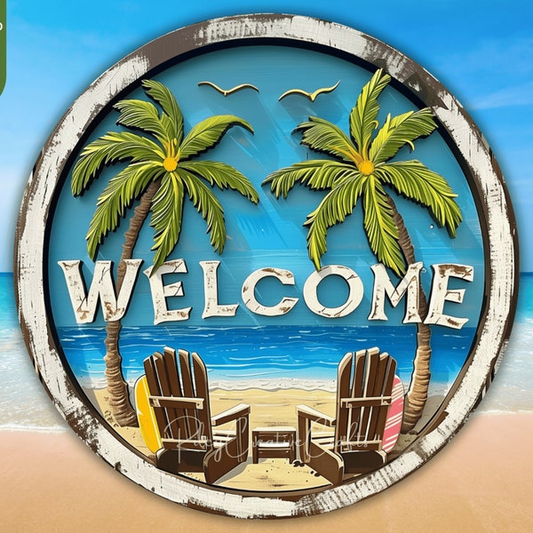 Beach House Door Sign Round PNG Summer Wreath Sublimation Sign Coconut Trees Welcome Sign Beach Club Decor Circle Sea Vacation Digital Print