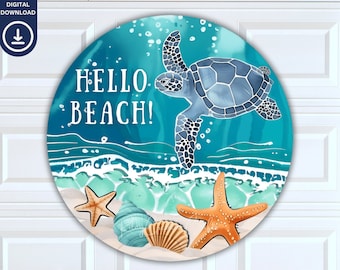 Ronda de verano PNG, signo de puerta de bienvenida de Hello Beach digital, diseño de sublimación de corona costera