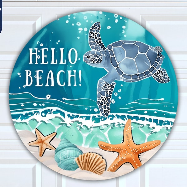 Summer Round PNG, Hello Beach Welcome Door Sign Digital, Wreath Sublimation Design Coastal