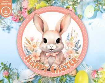 Easter Bunny Deurhanger Ronde PNG, Lente Deur Decor Paasei Krans Sublimatie Teken Boerderij Pasen Bloemen Voordeur Teken Digitaal