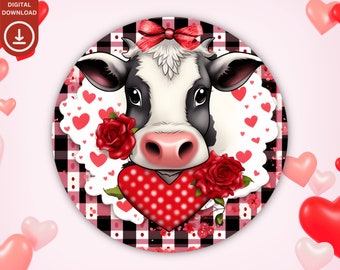Colgador de puerta redonda de vaca lechera PNG, diseño de sublimación de signo de corona de día de San Valentín, posavasos de rosas de corazones PNG, signo de vaca de amor PNG Descarga digital