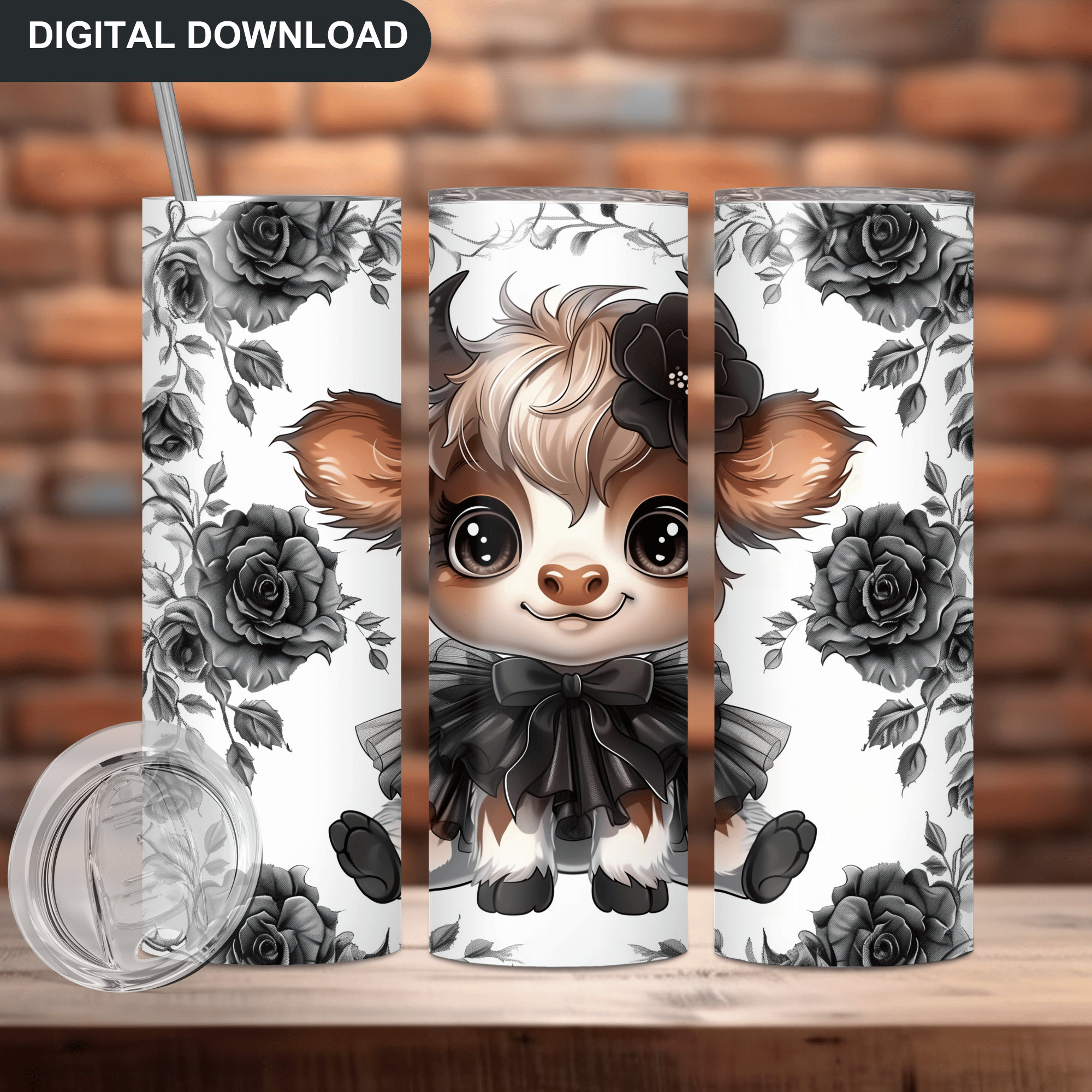 Cute Highland Cow Tumbler Wrap PNG, Baby Cow Tumbler Sublimation Black ...