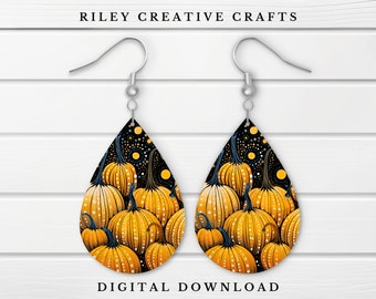 Diseño de sublimación de pendiente de calabaza de otoño PNG, Plantilla de pendiente de sublimación de lágrima de Acción de Gracias, Diseño en blanco de pendiente de Halloween Otoño digital