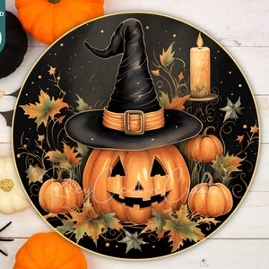 Round Halloween Sublimation Wreath PNG, Happy Pumpkins Door Sign Designs, Witch Hat Wreath Center, Jack O lantern Car Coasters Digital