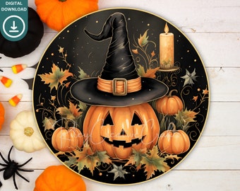 Round Halloween Sublimation Wreath PNG, Happy Pumpkins Door Sign Designs, Witch Hat Wreath Center, Jack O lantern Car Coasters Digital