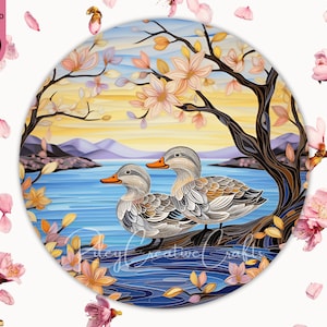 Loving Ducks Door Hanger Round PNG, Valentines Day Wreath Sign Spring Round Sublimation Design, Lake Car Coaster PNG, Everyday Door Sign