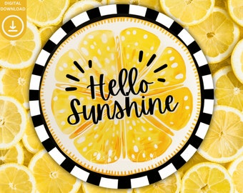Hola Sunshine Door Hanger Round PNG, Letrero de puerta de limón, Sublimación de corona de verano, Decoración de puerta principal de limón, Letrero de tienda de limón Descarga digital