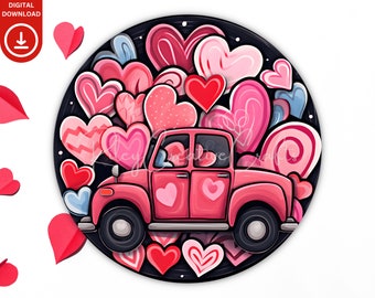 Colgador de puerta redondo de San Valentín PNG, diseño de sublimación de corona de amor, posavasos de coche con forma de camión de amor PNG, descarga digital de gráficos de San Valentín